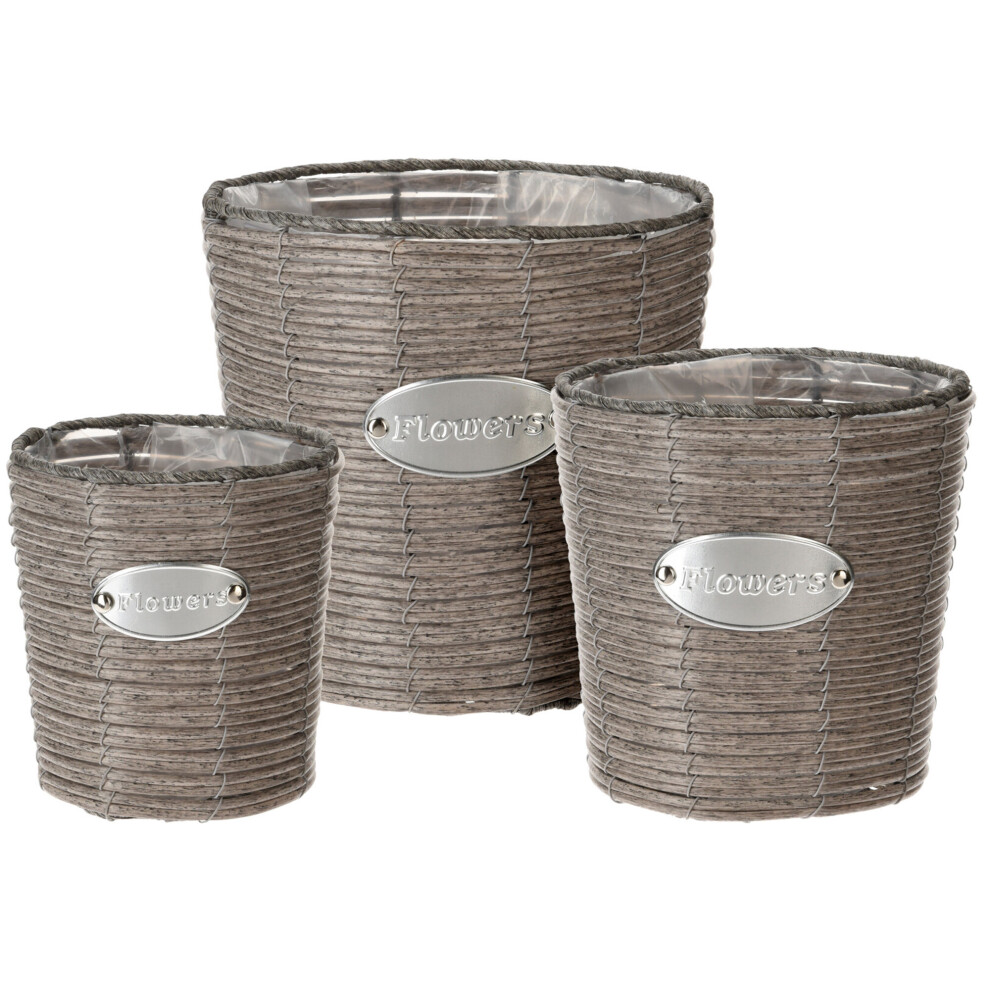 (Tall, Taupe) 3 Pc Rattan Design Flower Plant Pot Planter Basket