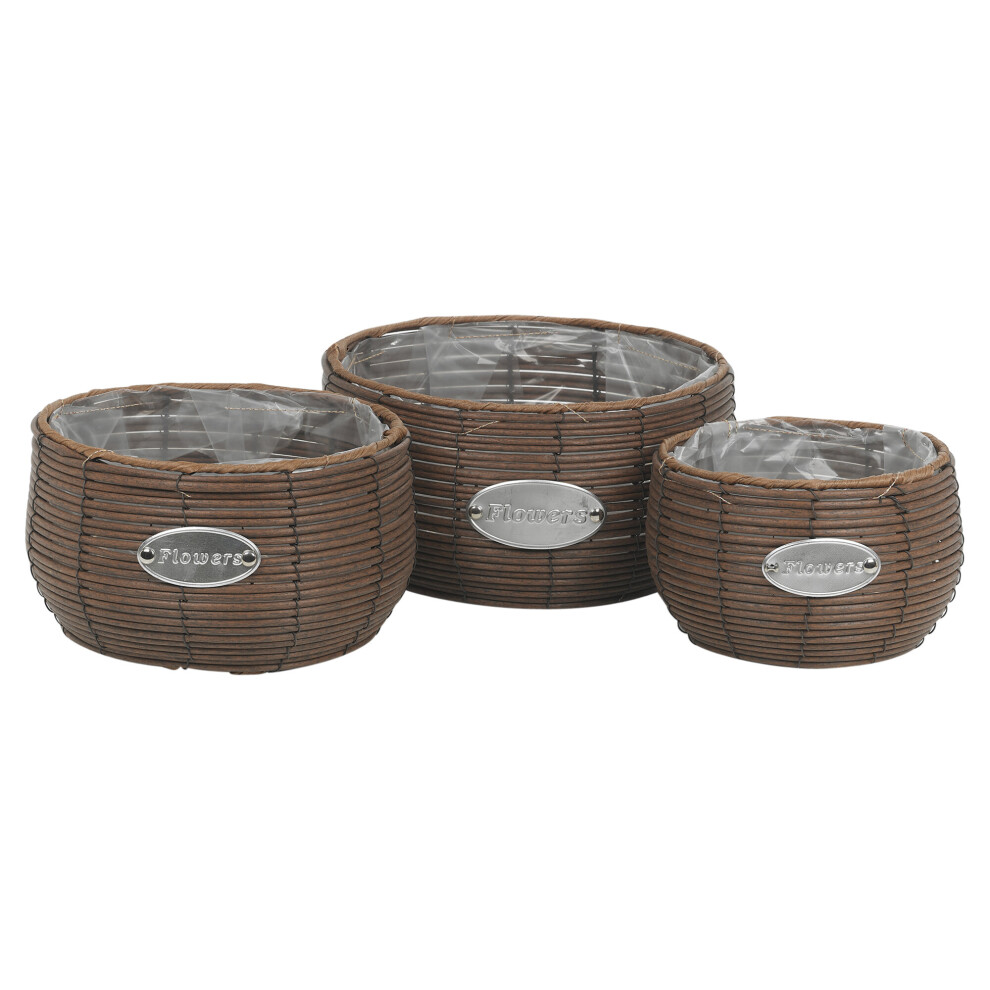 (Short, Topaz Brown) 3 Pc Rattan Design Flower Plant Pot Planter Basket