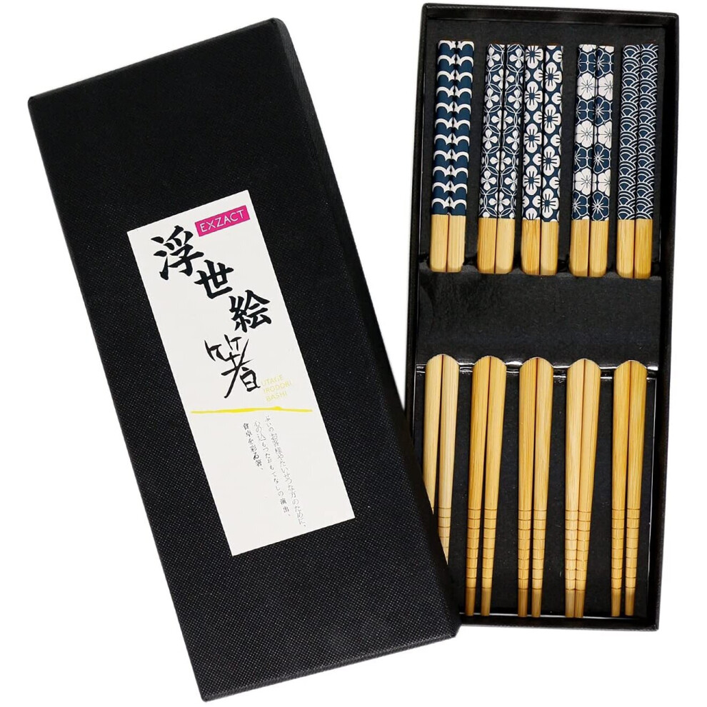 Visit-The-Exzact-Store Exzact Chopsticks Gift Set - 5 Pairs Of Reusable Natural Bamboo Chopsticks In A Beautiful Black Handmade Box - Decorated...