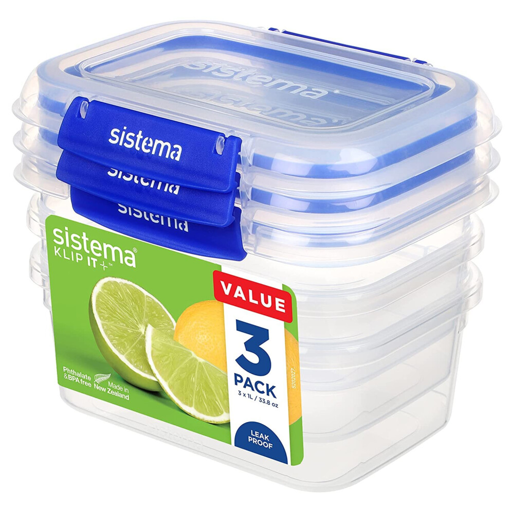 Sistema KLIP IT PLUS Food Storage Containers | 1 L Rectangle | Leak-Proof, Stackable & Airtight Fridge/Freezer Food Boxes with..