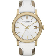 Burberry BU9015 Frauen Schweizer Haymarket Check Stoff und weißem Lederband weißes Zifferblatt Uhr
