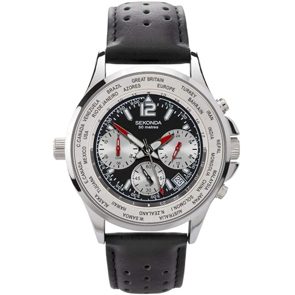 Sekonda Leather Strap Dual Time Silver Watch 1842