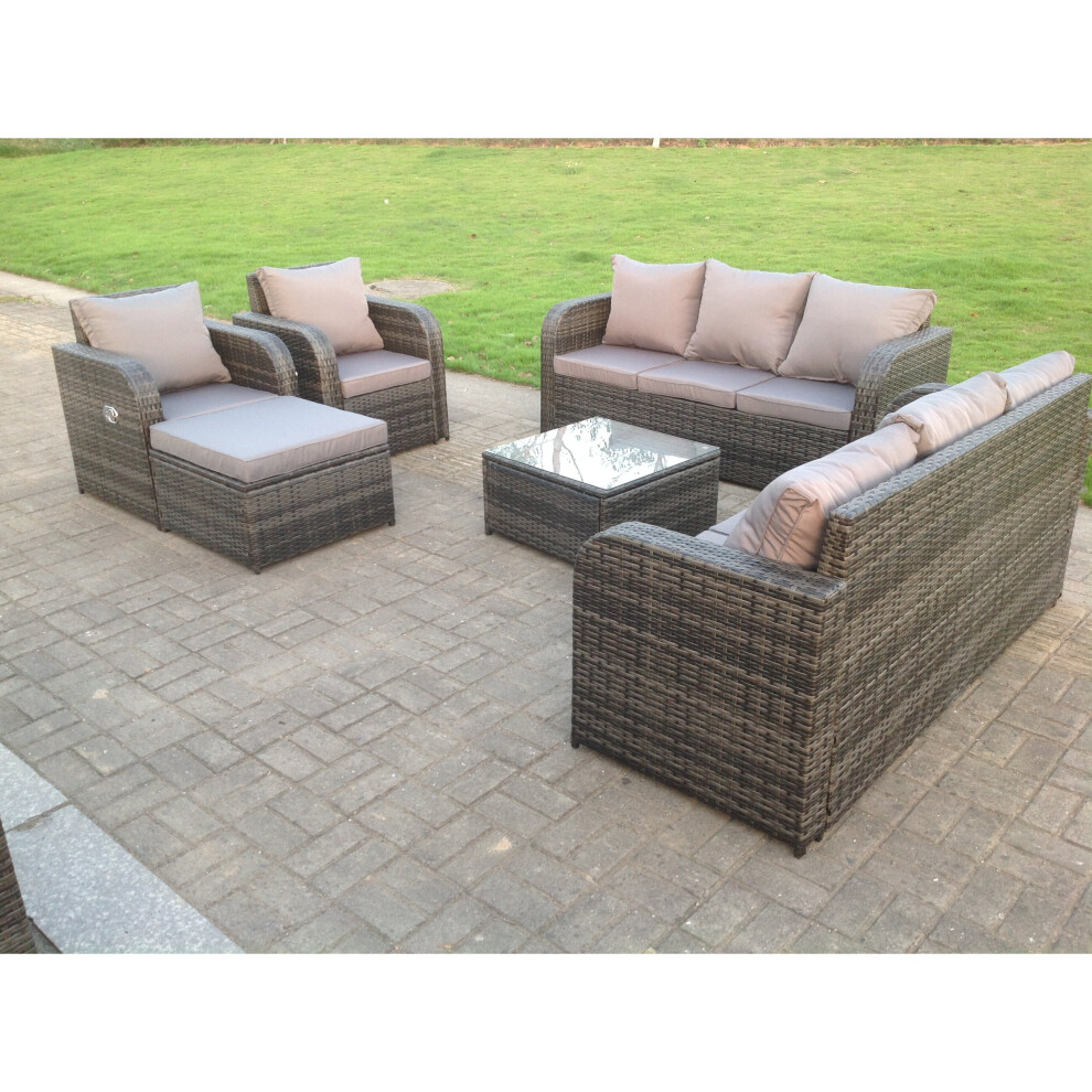 Fimous (9 Seater, With Rain Covers) Wicker Rattan Garden Furniture Set Reclining Chair Black