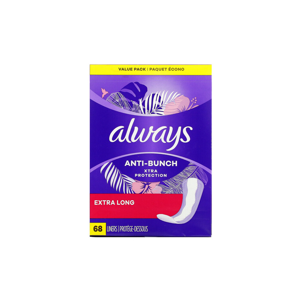 Always, Anti-Bunch Xtra Protection Daily Liners, Extra Long, 68 Liners