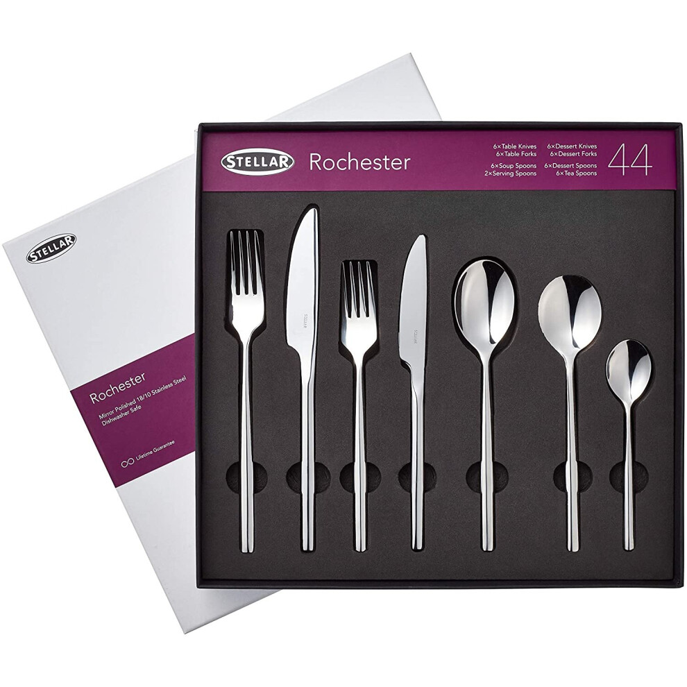 Stellar Rochester BL58 Stainless Steel Cutlery 44-Piece Set for 6 Place Settings with 2 Serving Spoons, Lifetime Guarantee