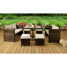 (Brown, Without Cover) 7PC Rattan Garden Patio Furniture Set - 2 Sofas, 4 Stools & Dining Table