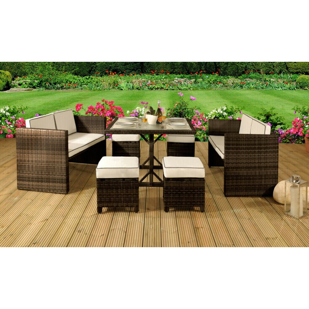 (Brown, Without Cover) 7PC Rattan Garden Patio Furniture Set - 2 Sofas, 4 Stools & Dining Table
