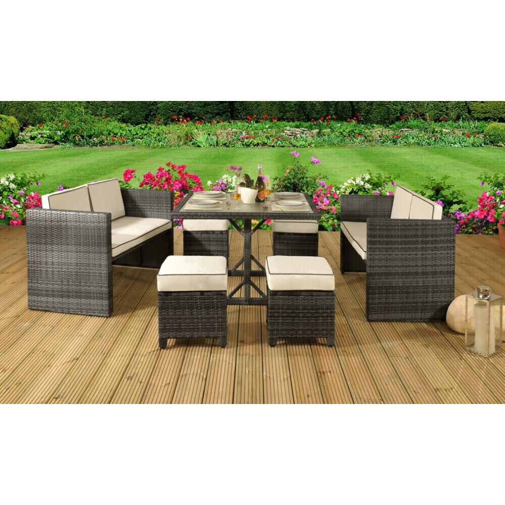 Comfy Living (, Without Cover) 7Pc Rattan Garden Patio Furniture Set - 2 Sofas, 4 Stools & Dining Table Grey