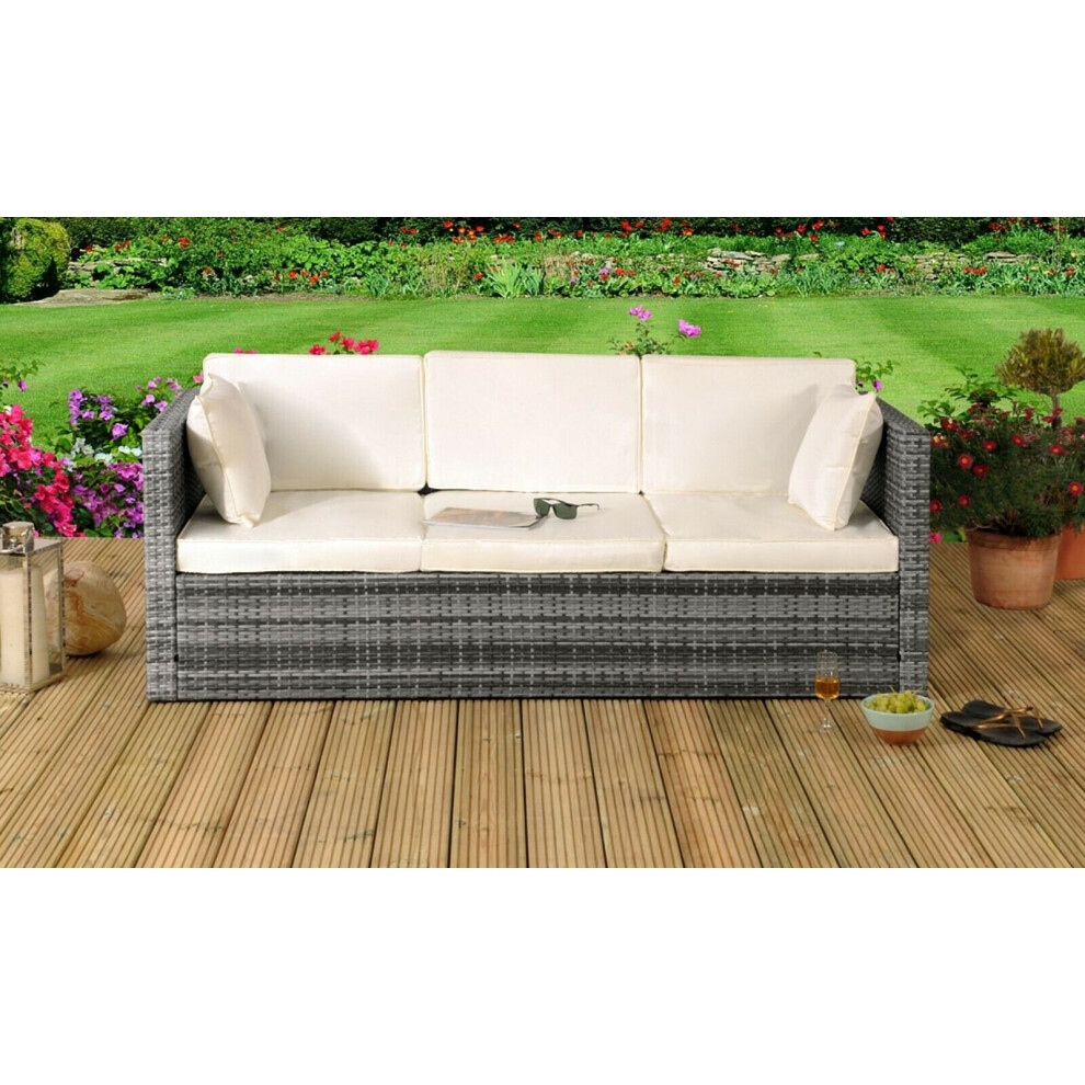 (Grey, Without Cover) Rattan Sun Lounger Storage Sofa Sunbed Garden Patio Furniture - 3 Seater