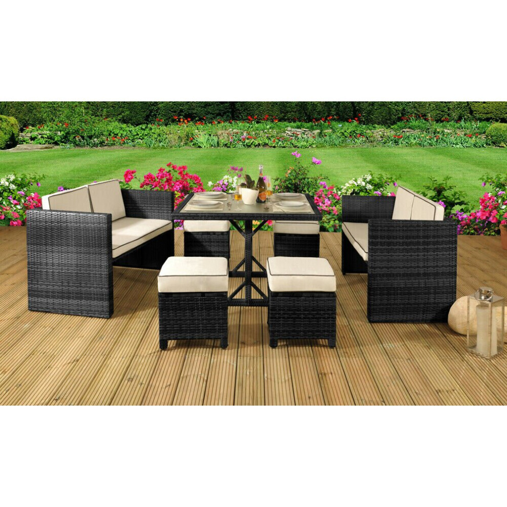 (Black, Without Cover) 7PC Rattan Garden Patio Furniture Set - 2 Sofas, 4 Stools & Dining Table