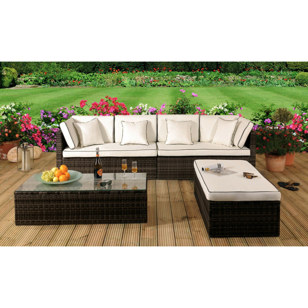 (Brown, Without Cover) 4 Piece Rattan Garden Patio Furniture Set - Sofa, Ottoman, Coffee Table