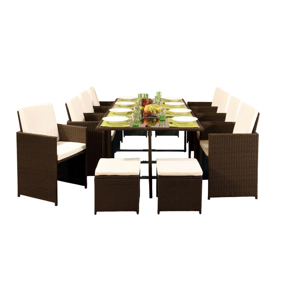 (Golden Brown, Without Cover) 12 Seater Rattan Outdoor Garden Furniture Set - 8 Chairs 4 Stools & Dining Table
