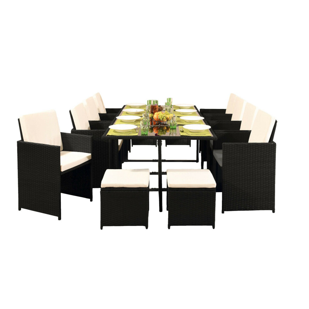 (Black, Without Cover) 12 Seater Rattan Outdoor Garden Furniture Set - 8 Chairs 4 Stools & Dining Table