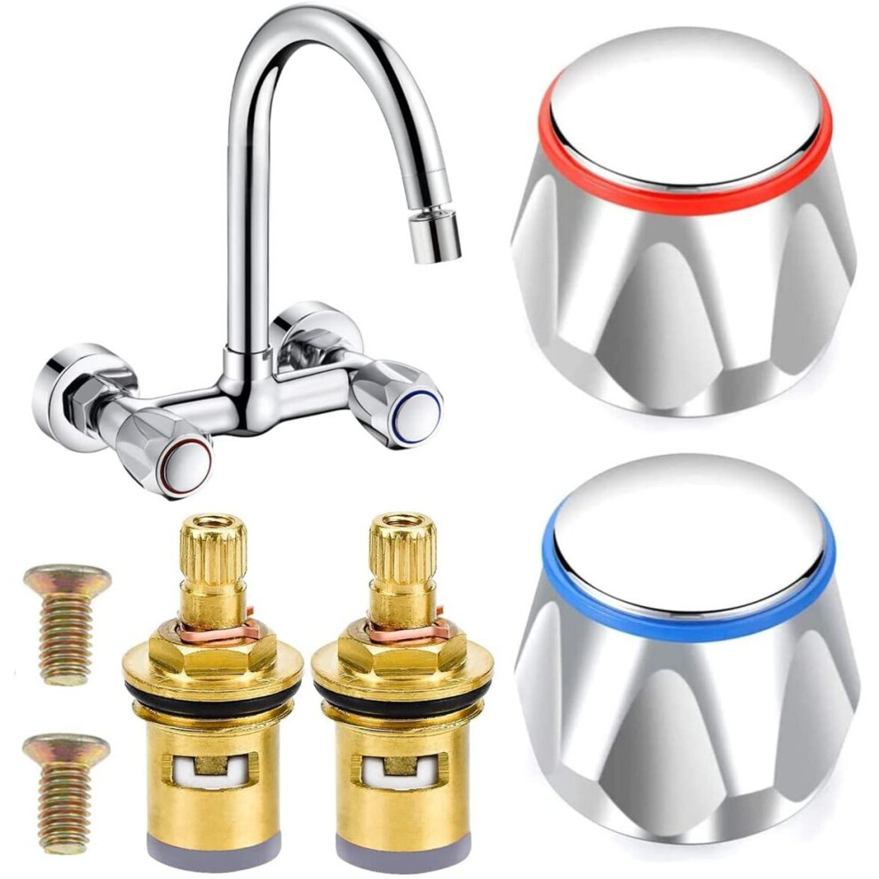 2 Sets Replacement Bathroom Kitchen Sink Tap Standard Hot & Cold Tap 1/2'' Top Head Covers Chrome Plated Red and Blue Tap Top...