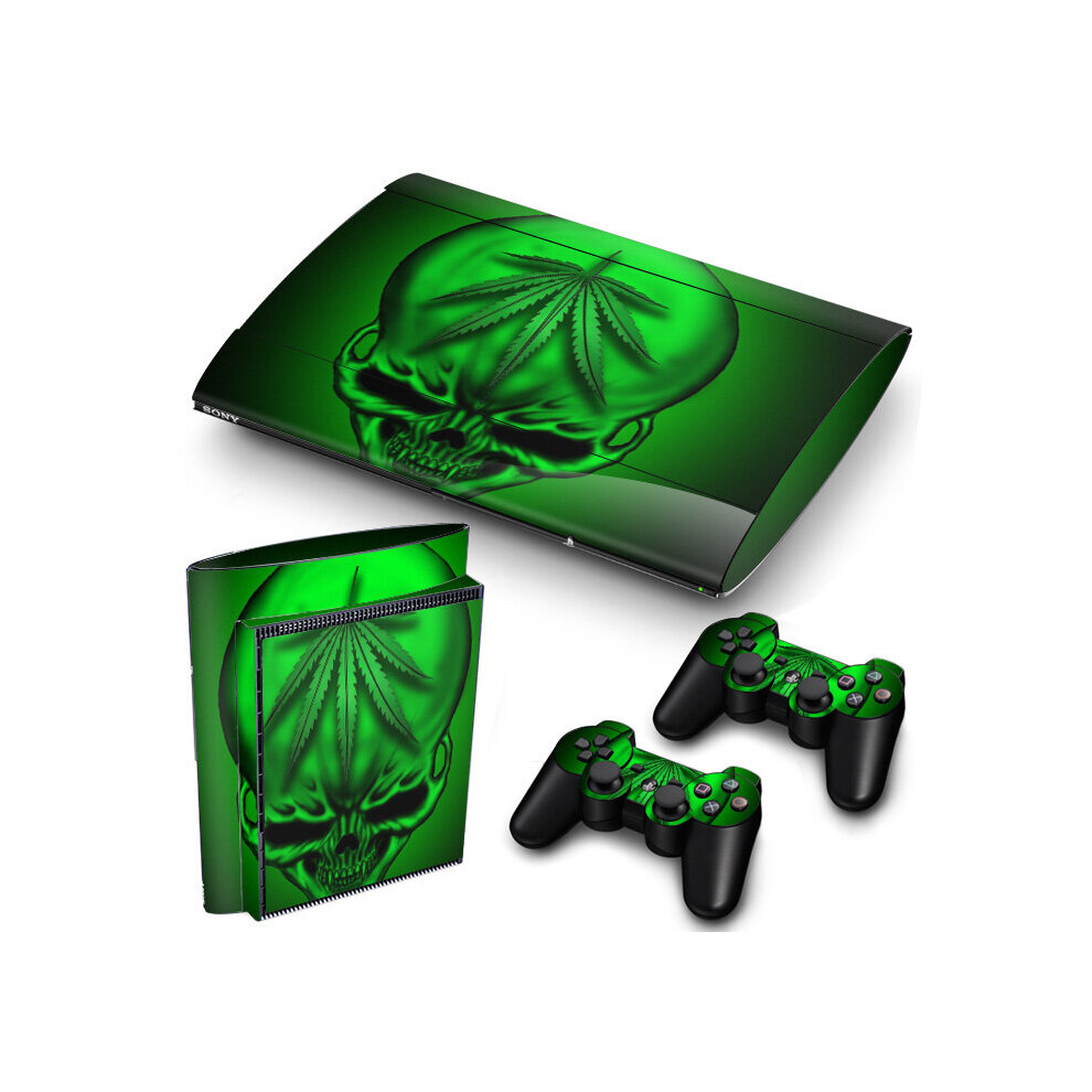 ( Skull) Ps3 Super Slim Pvc Skin For Console + Controllers Green 5056543415363