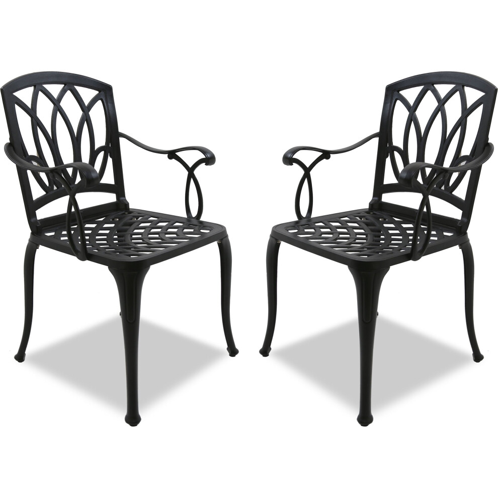 Homeology Positano 2-Large Garden & Patio Bistro Chairs with Armrests in Cast Aluminium Black