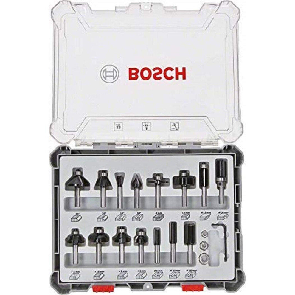 Bosch Professional 2607017472 15-Piece Wood Bit Set for 8mm Shank Router, colour, 8 mm