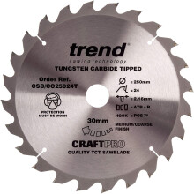 Trend CSB/CC25024T Craft Pro Positive Hook Crosscutting Circular Blade Ideal for DCS778N Mitre Saws, 250mm x 24 Teeth x 30mm Bore, Tungsten Carbide