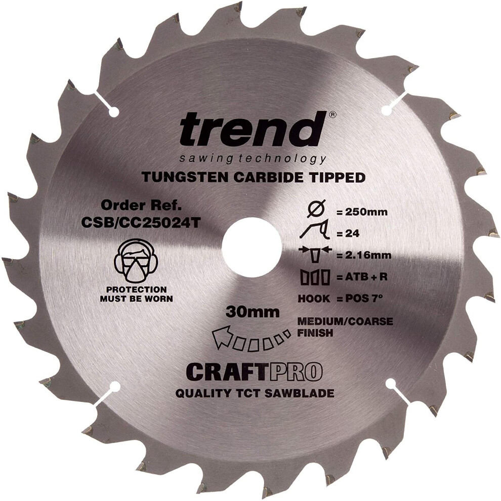 Trend Csb/Cc25024t Craft Pro Positive Hook Crosscutting Circular Blade Ideal For Dcs778n Mitre Saws, 250Mm X 24 Teeth X 30Mm Bore, Tungsten Carbide