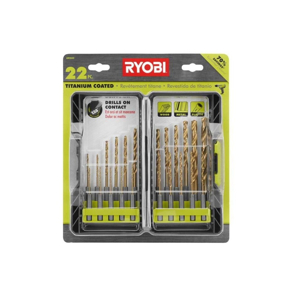 Ryobi AR2042 22 Piece Titanium Coated Drill Bit Set with 135 Degree Split Point Ends