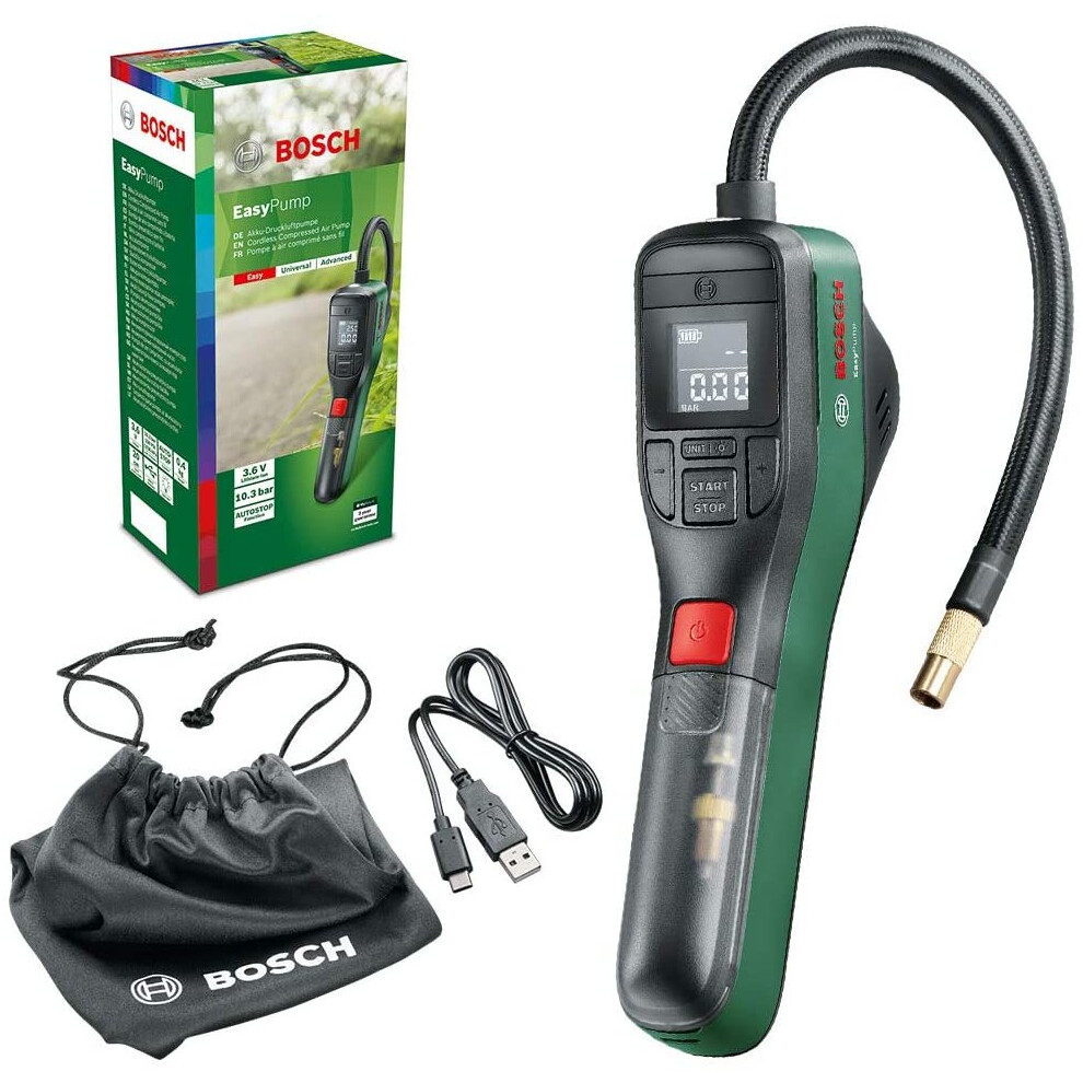 Bosch Electric Air Pump Mini Compressor EasyPump (3.0 Ah battery, 3.6 Volt, 150 PSI, 10.3 bar, LED), green/black 