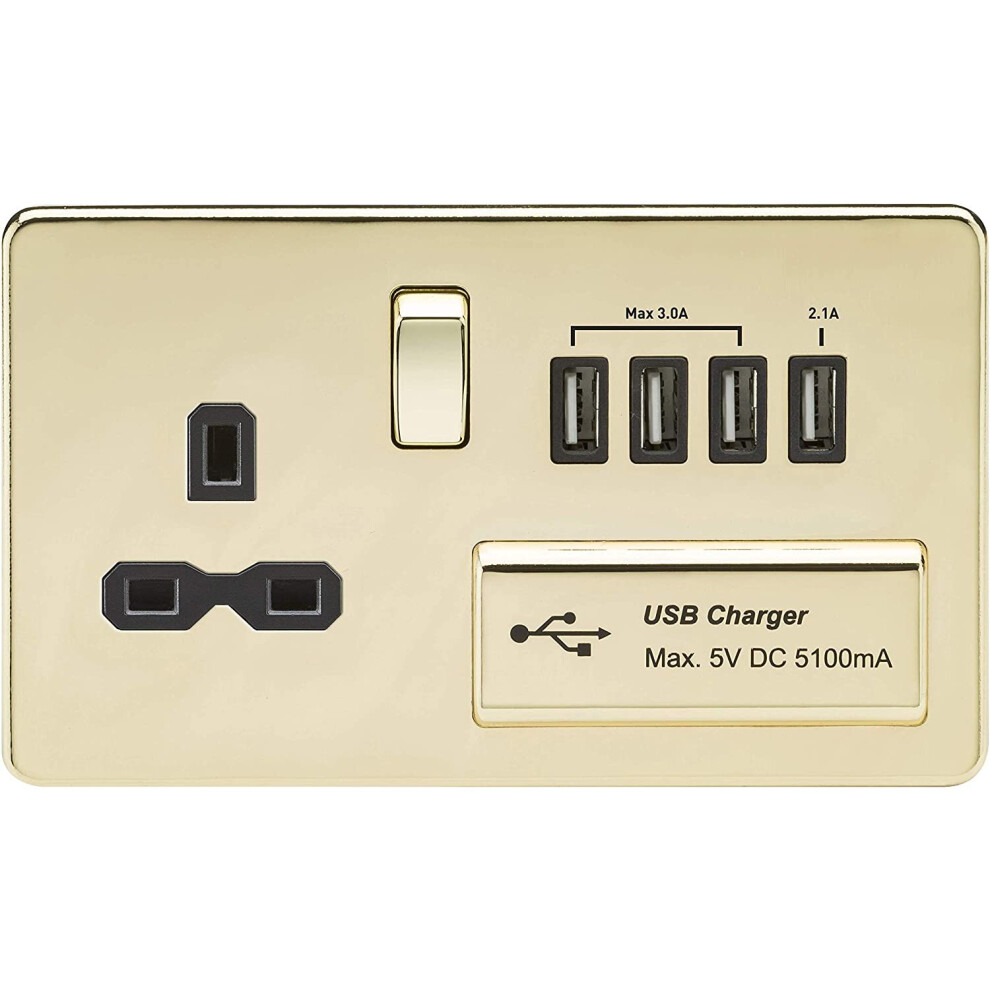 Knightsbridge Sfr7usb4pb Screwless 1G 13A Switched Socket With Quad Usb Charger 5V Dc 5.1A-Polished Brass With Black Insert 5055832945468