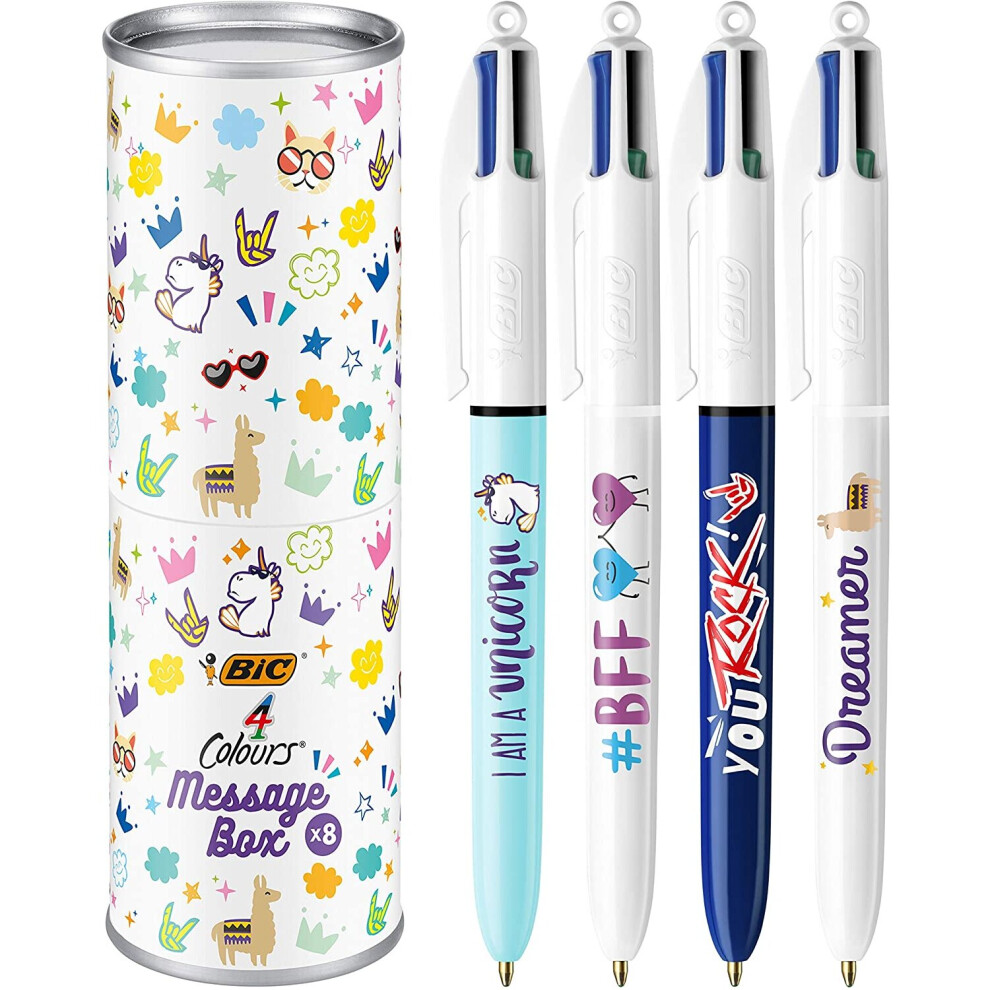 BIC 4 Colours Message Box - Ball Pens Medium Point (1.0 mm) - Assorted Messages, Metal Gift Box of 8