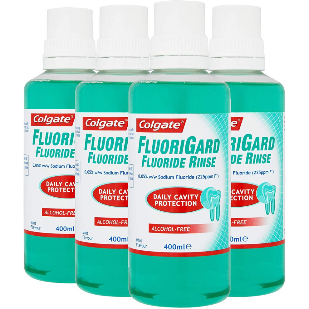 Colgate Fluorigard Fluoride Rinse Alcohol Free Mouthwash 400 ml, Daily Cavity Protection, Mint Flavour, Pack of 4