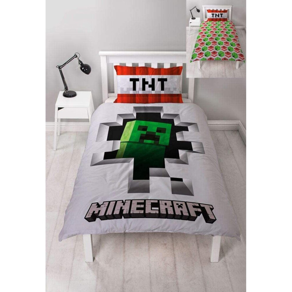 Minecraft Dynamite Single Duvet Cover Officially Licensed Reversible Two Sided Creeper Design with Matching Pillowcase, Polyester, White, Green, Red