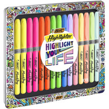 BIC Highlighter Grip Collection Box - Assorted Intense and Pastel Colours, Metal Gift Box of 15
