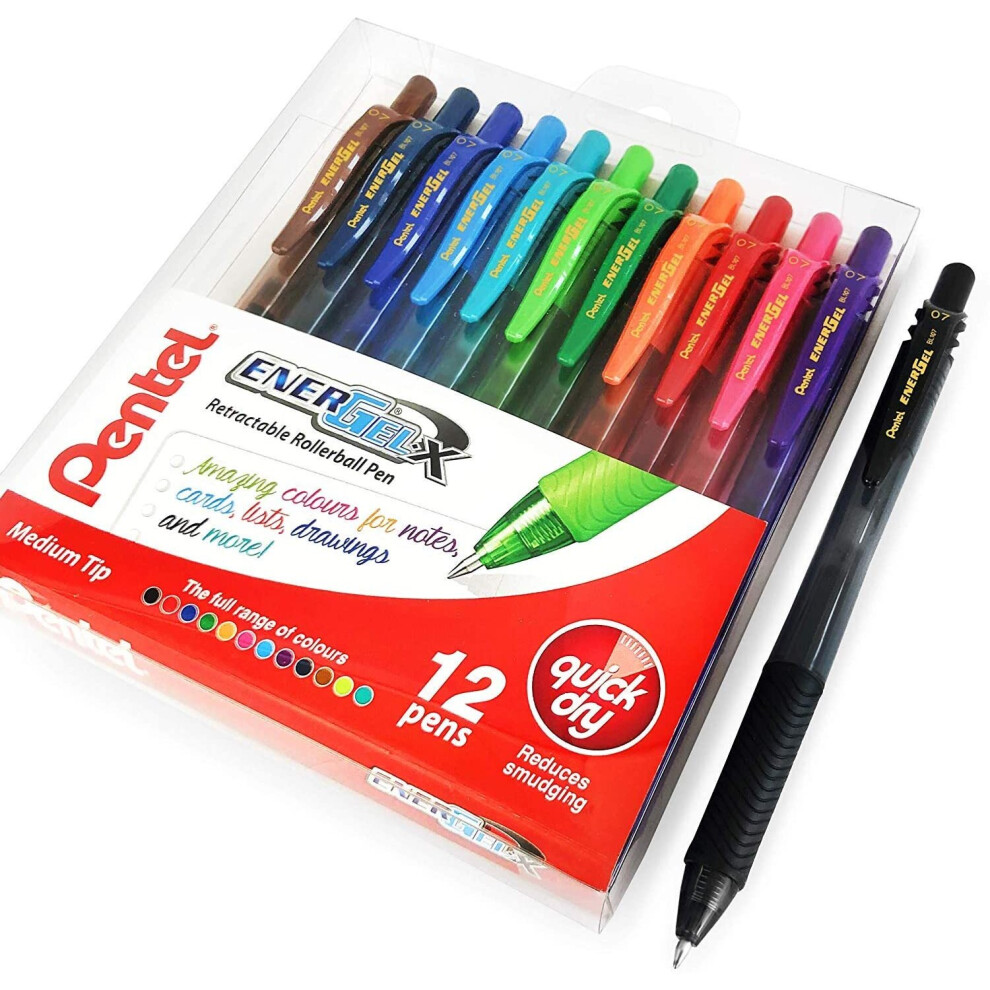 Pentel Energel X BL107 Retractable Gel Rollerball Pens - 0.7mm - 1 of Each Colour - Wallet of 12