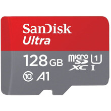SanDisk 128GB Ultra microSDXC memory card+SD adapter. Up to 120MB/S Read Speed, Class 10, U1, A1 approved
