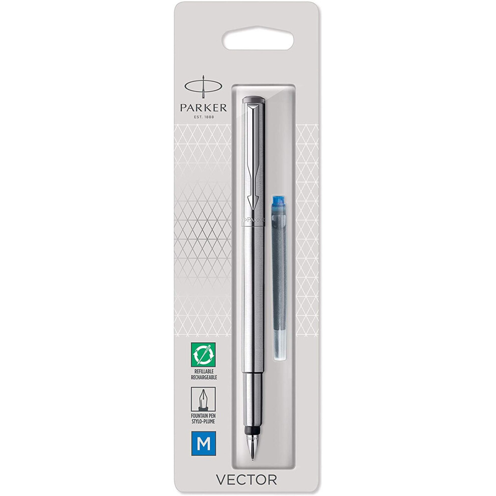 Parker Vector Fountain Pen | Stainless Steel with Chrome Trim | Medium Nib | Blue Ink | Hangtab