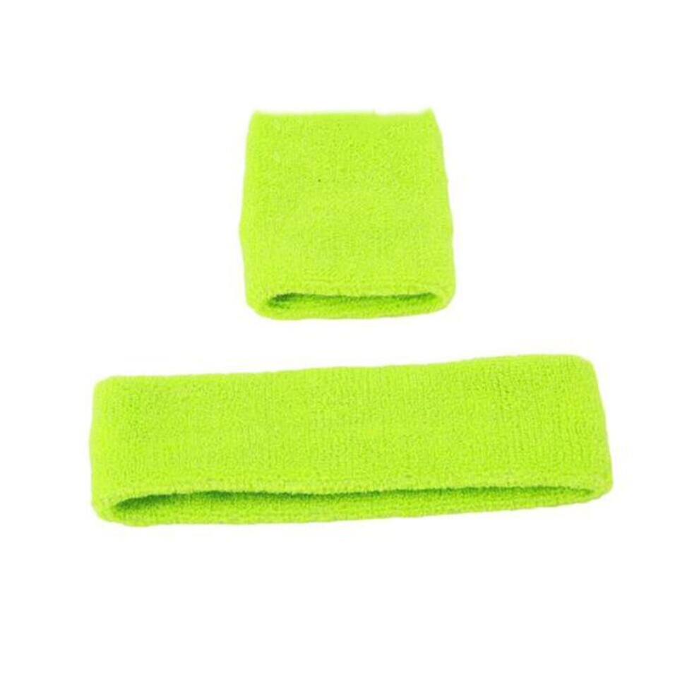 (Green, 10*8CM/19*5) Unisex Sports Sweatbands Head Band Wrist Bands Gym Cycling Sweat Bands Set
