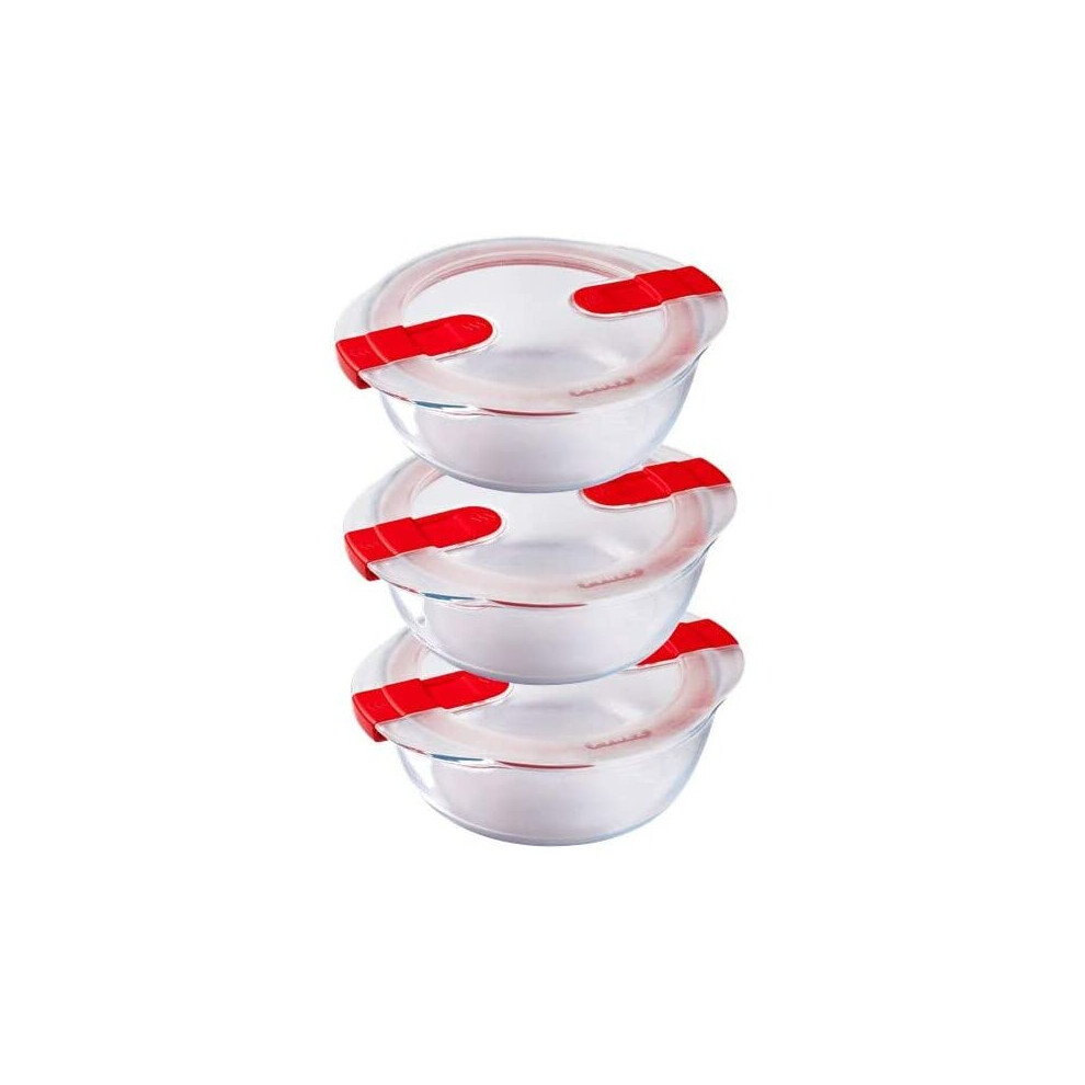 Pyrex Cook and Heat Cook & Heat Set of 3 Round Glass Food Containers 1.1 L with Airtight Lid for Microwaves