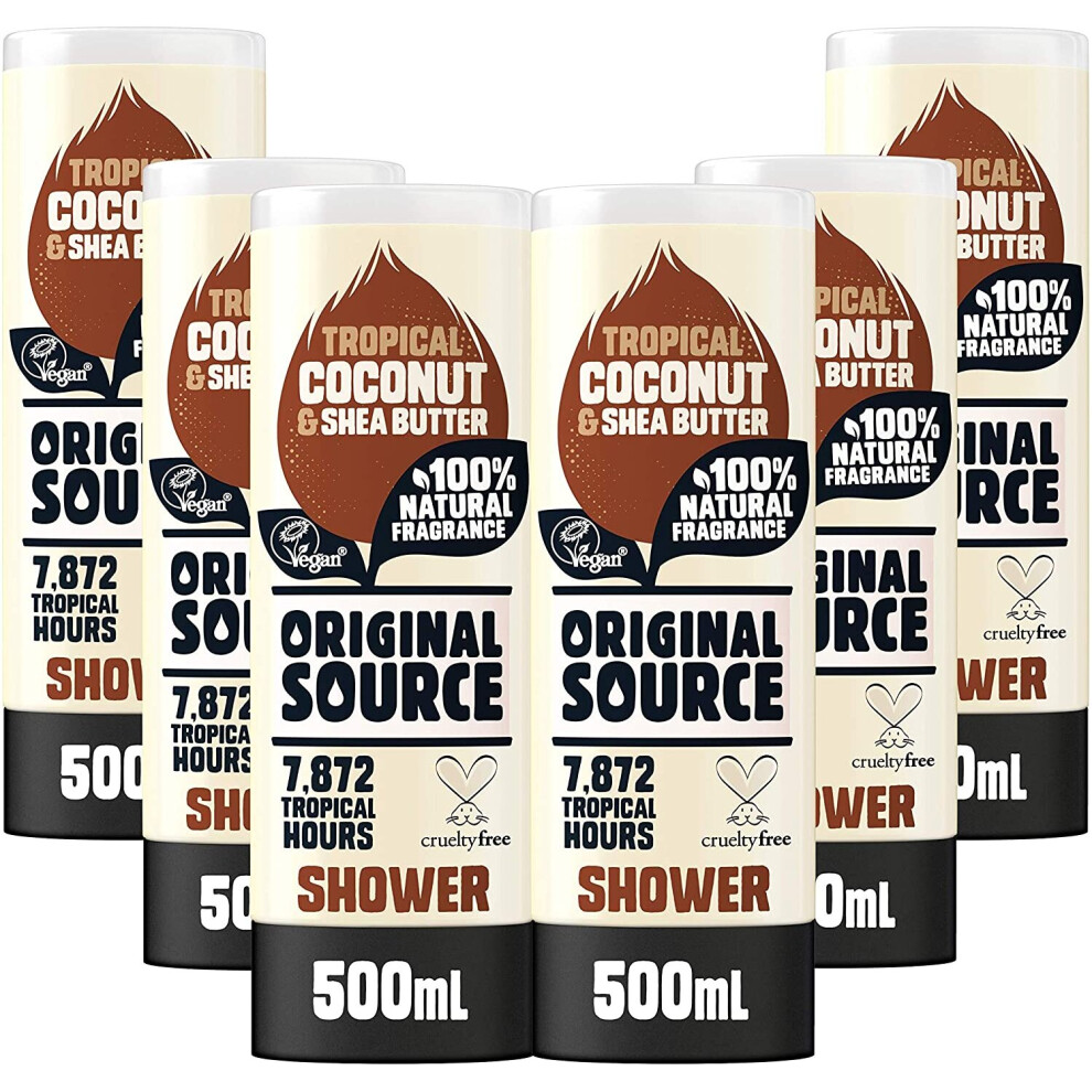 Original Source Coconut and Shea Butter Shower Gel with 100% Natural Fragrance, Large Vegan Shower Gel, Paraben Free Body Shower Wash, Multipack of 6