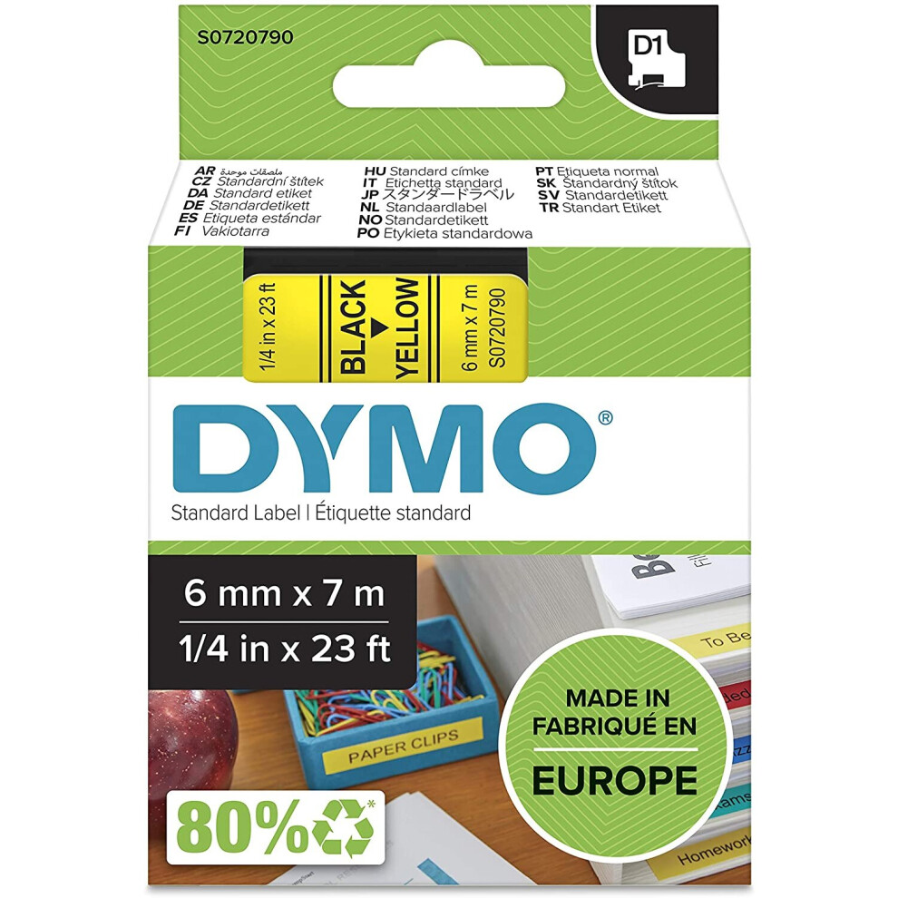 DYMO D1 Labels, 6 mm x 7 m Roll, Black Print on Yellow, Self-Adhesive Labels for LabelManager Label Printers, Authentic