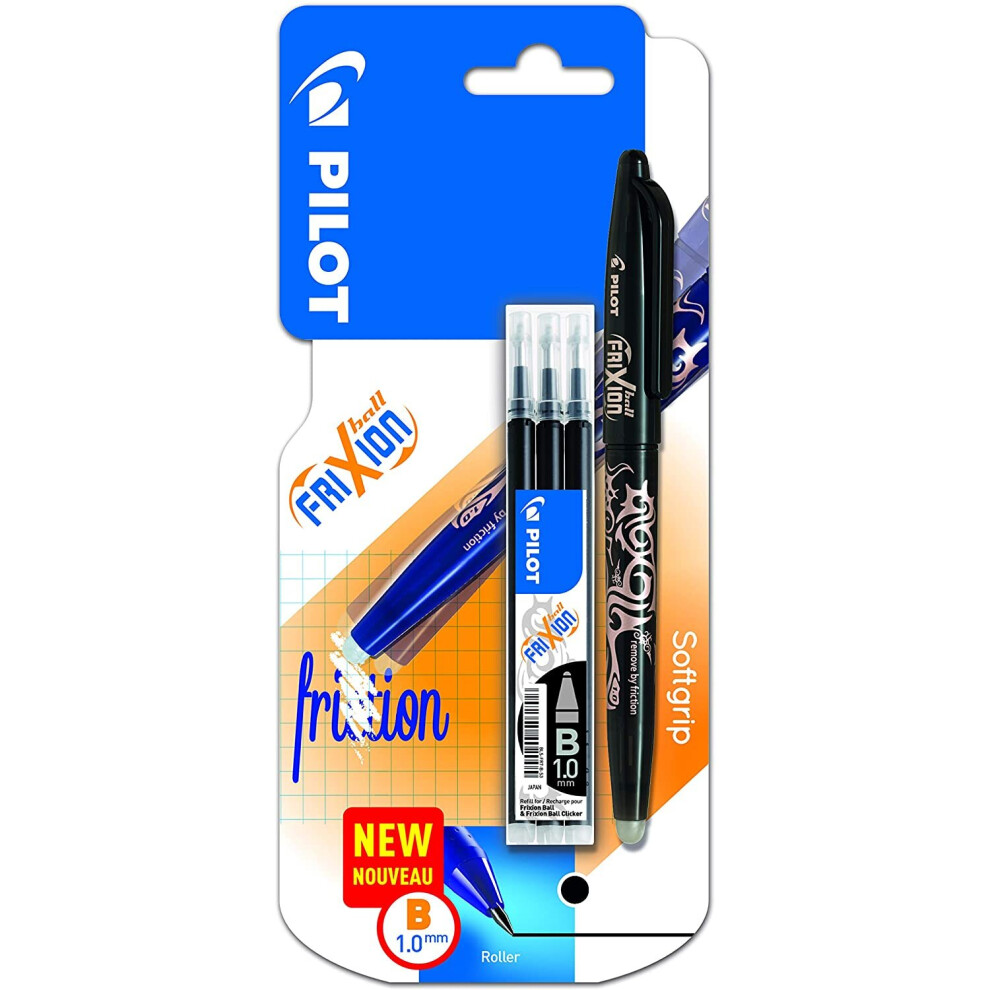 Pilot Frixion Ball Erasable Rollerball 1.0mm Tip Broad + 3 Refills, Black