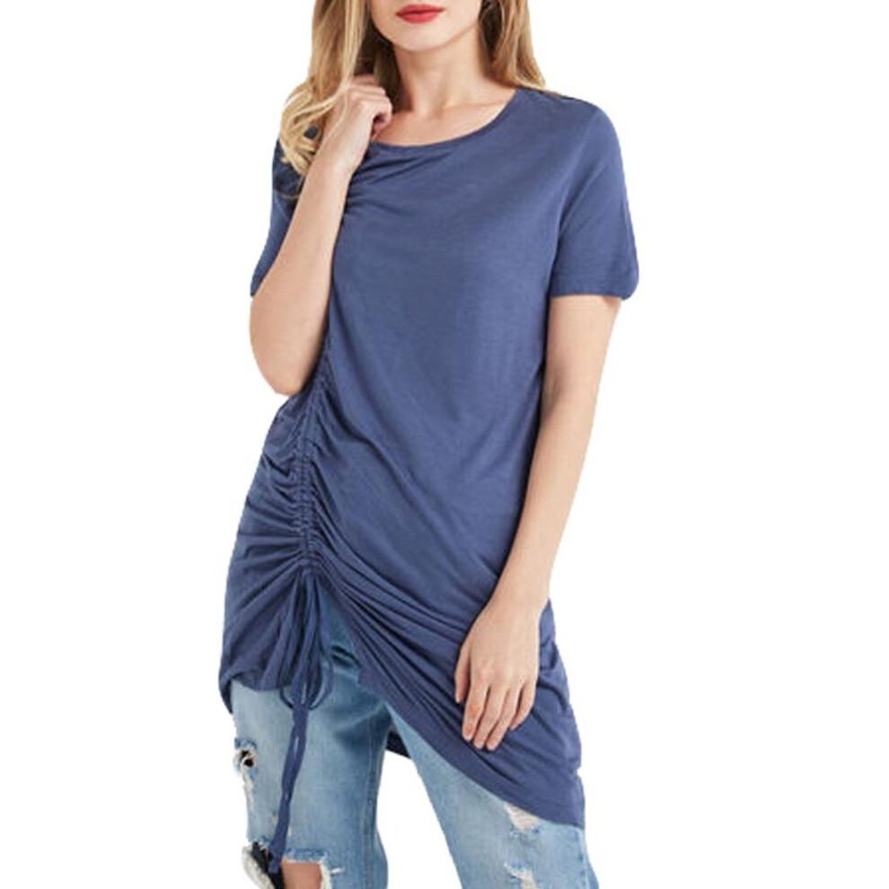 (Blue, XS) Women Long T Shirt Ruched Drawstring Casual Blouse