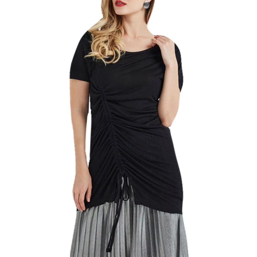 (Black, XS) Women Long T Shirt Ruched Drawstring Casual Blouse