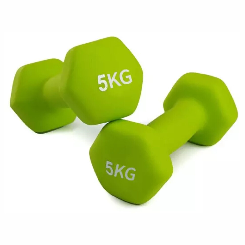 (2 x 5 Kg Green) Dumbbell Hand Weights Ladies Dumbells Set Men Cast Iron Fitness Yoga Home Gym UK