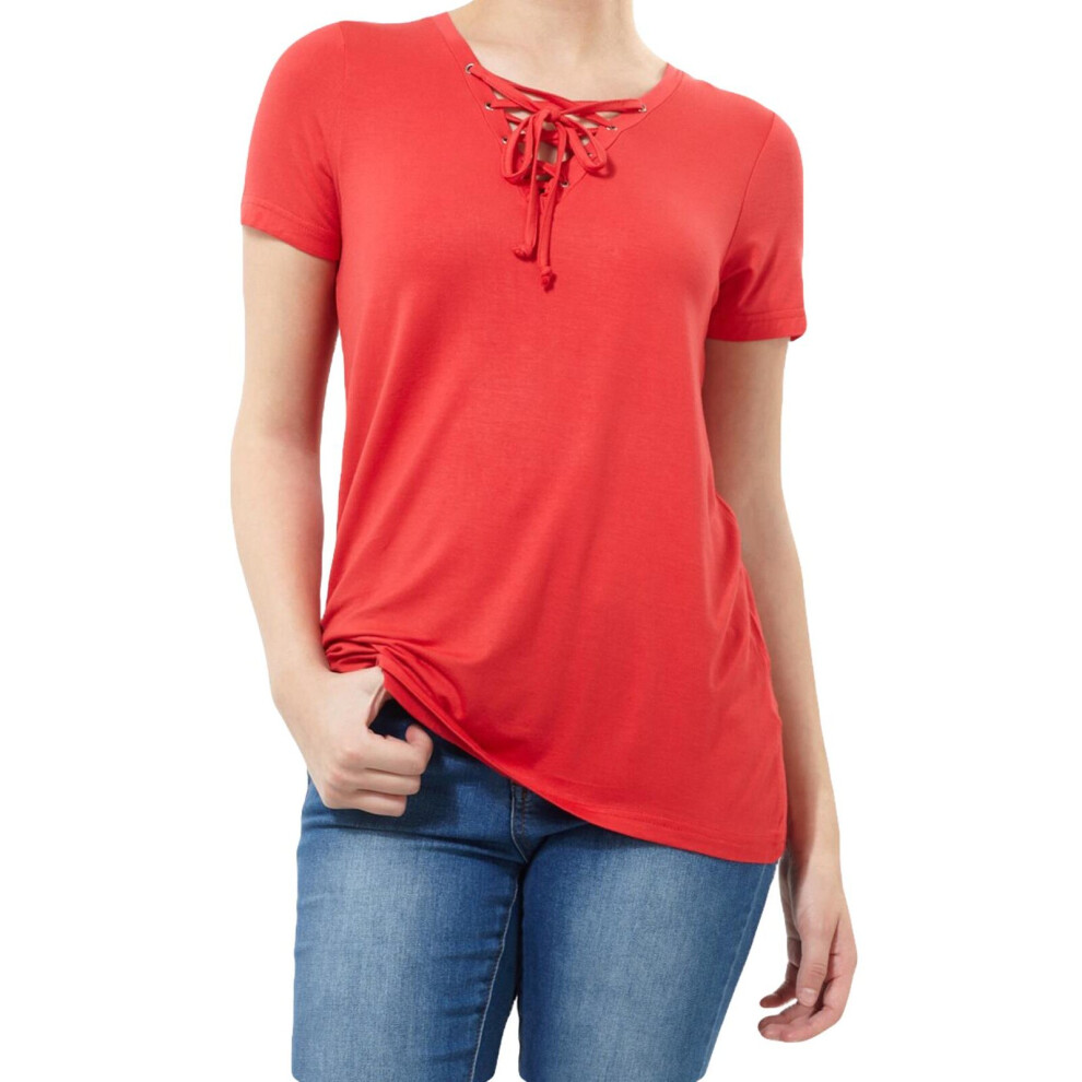 (Red, S) Women T Shirt Short Sleeve Lace Up Longline Blouse