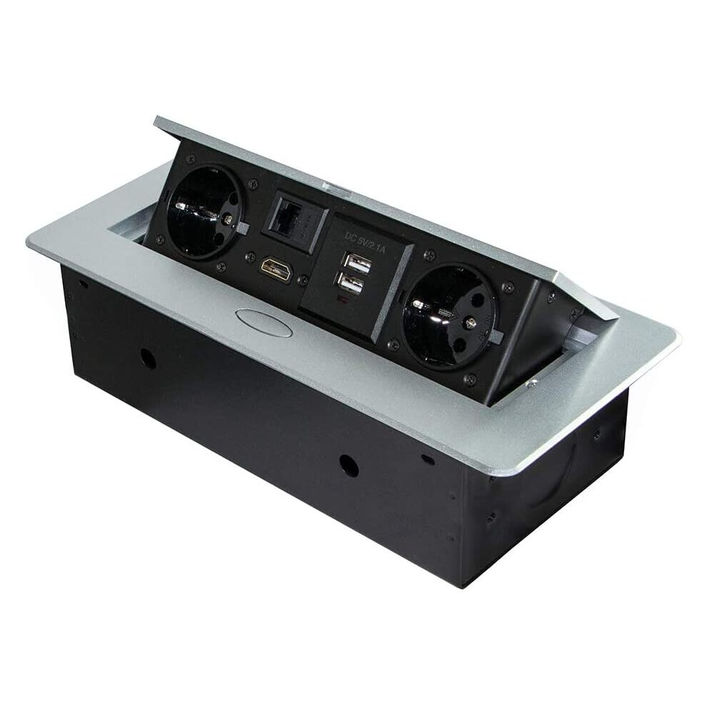 Emuca - Pop Up Multi Socket Extension For Embedding In Worktop And Desk, Multiconnecto Plug Dock (F-Type Eu Plug, Usb, Rj45 And Hdmi), 265X120mm, 8432393130019