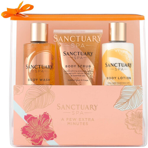 Sanctuary Spa Gift Set, A Few Extra Minutes Wash Bag with Shower Gel, Body Scrub & Body Lotion, Reusable Wash Bag, Vegan Beauty Gift for Her, Gifts