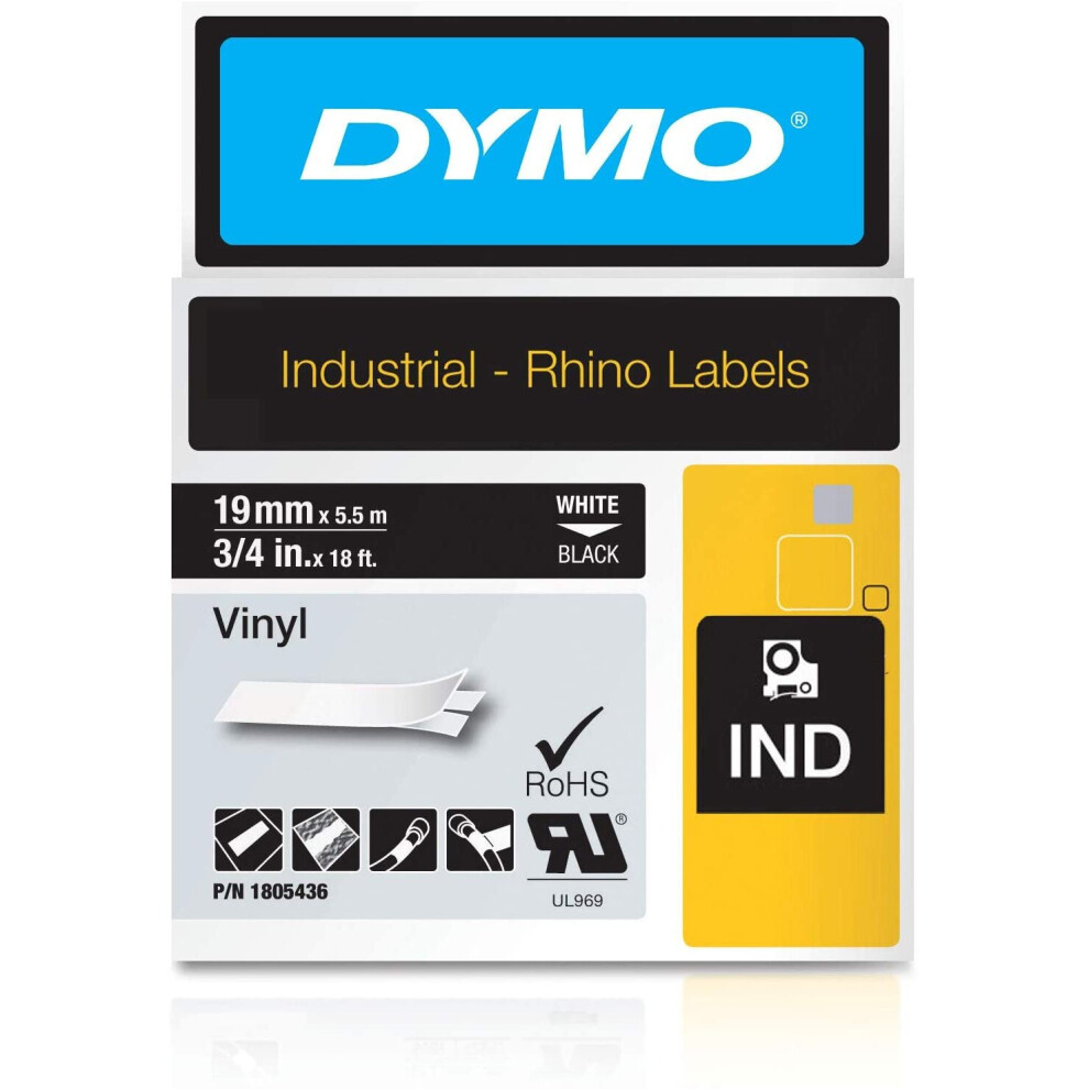 DYMO Rhino Industrial Vinyl Labels, 9 Mm X 5.5 m, White Print On Black, Self-Adhesive, 1805436