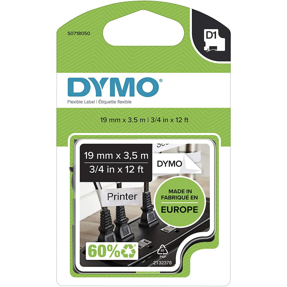 DYMO D1 Labels, 19mm x 3.5m Roll, Black Print on White, Self-Adhesive Labels for LabelManager Label Printers, Authentic