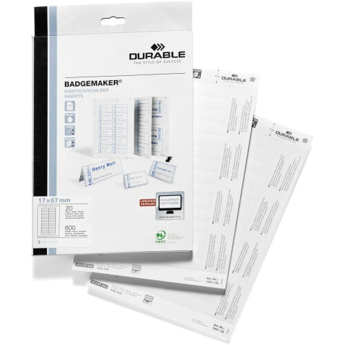 Durable 146102 Badgemaker, Printable Name Badge Insert Sheets, White ,17 x 67 mm - 200 Inserts 1