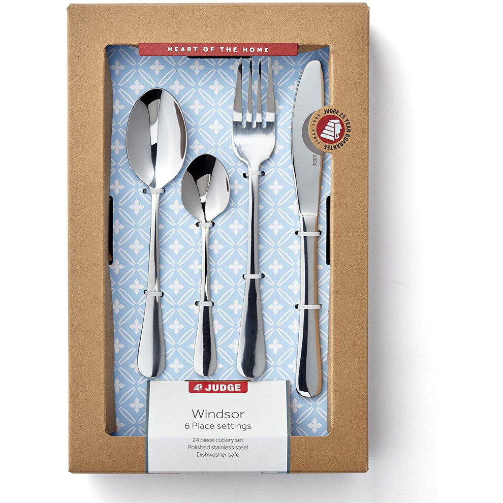 Judge Windsor BF50 24 Piece 18/10 Stainless Steel Cutlery Set for 6 People, Knife, Fork, Spoon and Teaspoon, 25 Year Guarantee