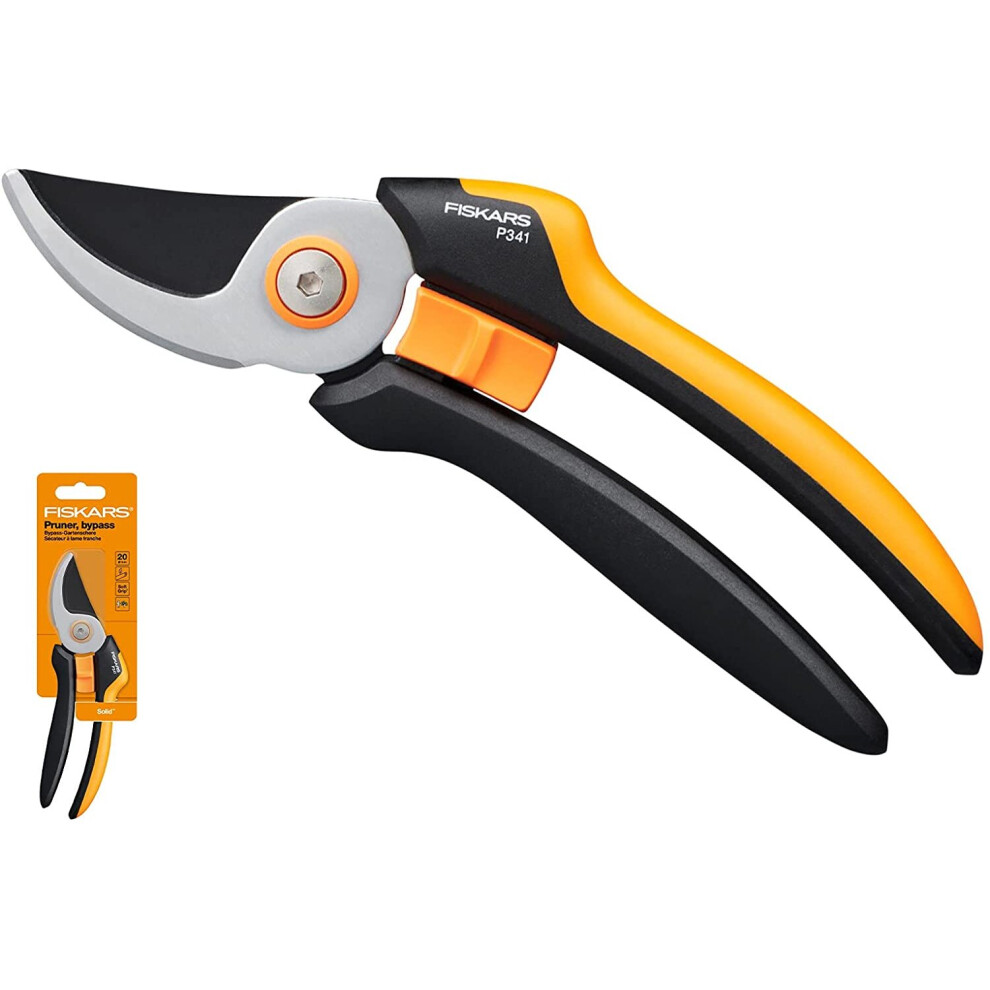 Fiskars Bypass Garden Pruners L, Solid, P341, For Fresh Branches And twigs, Non-stick coated, Stainless Steel blades, Length: 20.5 cm, Black/Orange