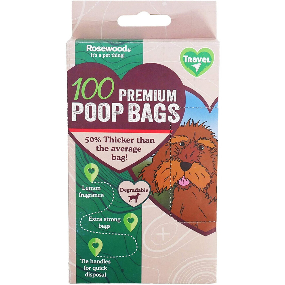 Rosewood 100 premium, degradable, extra thick and strong dog poo bags with easy tie handles, Black - One Size